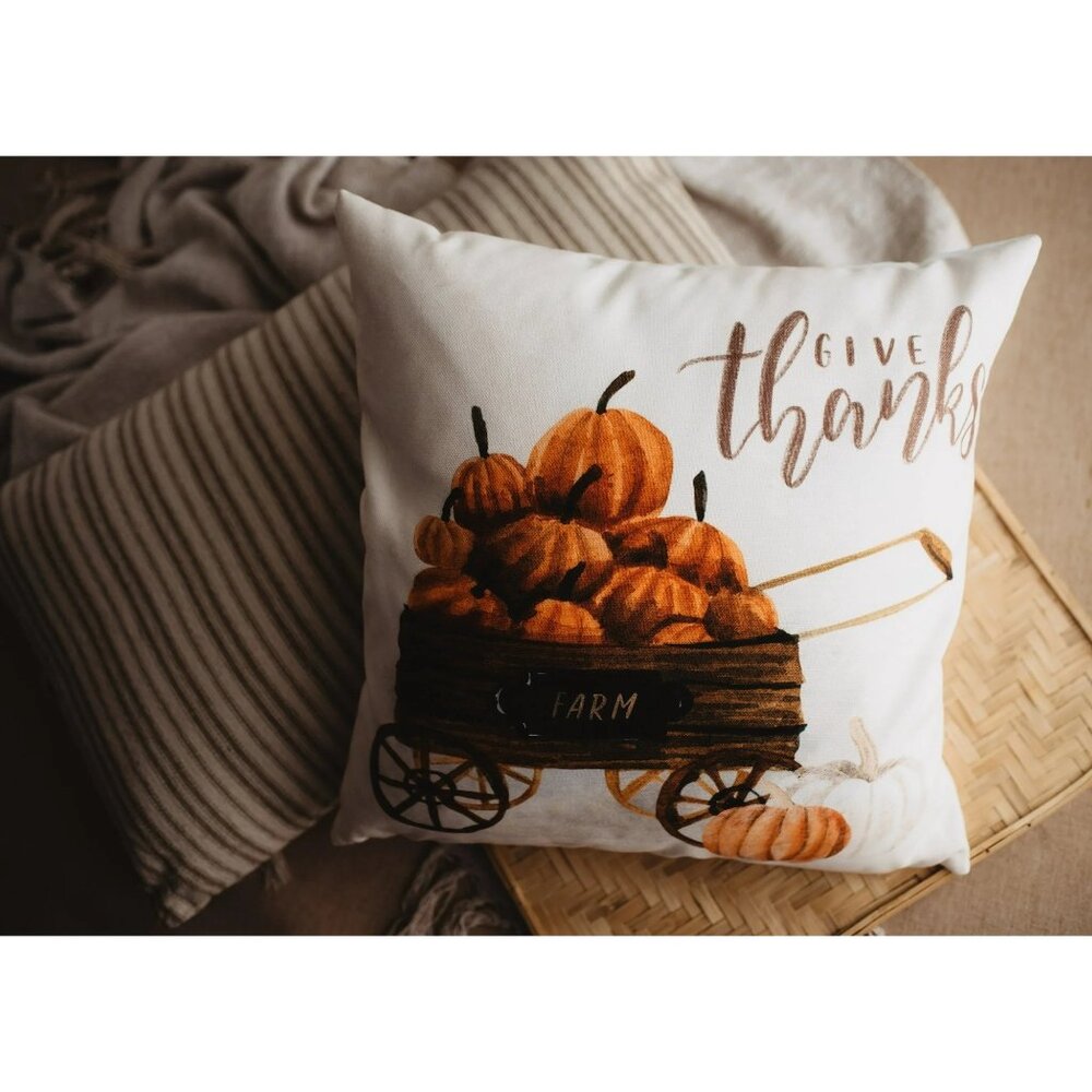 Give Thanks Fall Pillow 10x10 Cover With Pumpkin Wagon Design Farmhouse Décor I - Picture 2 of 5